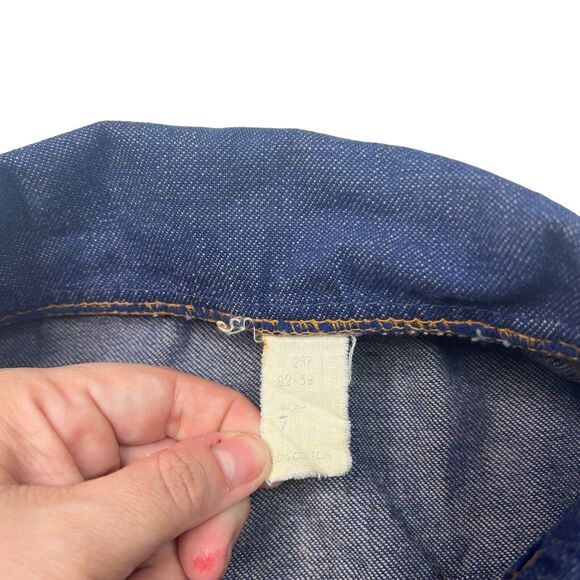 Vintage 70s Big Spread Collar Snap Front Denim Jacket Nature Patch FLAW Youth 7 - Picture 9 of 9